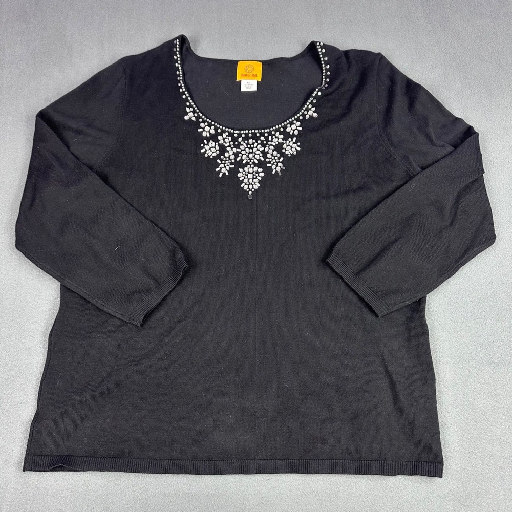 Ruby Rd Black Embellished Rhinestone Scoop Neck 3/4 Sleeve Knit Top XL